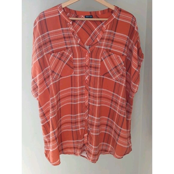 Torrid Challis Button Up Dolman Sleeve Top Plus Size 4 4X 26 Orange Plaid S/S - Picture 1 of 10